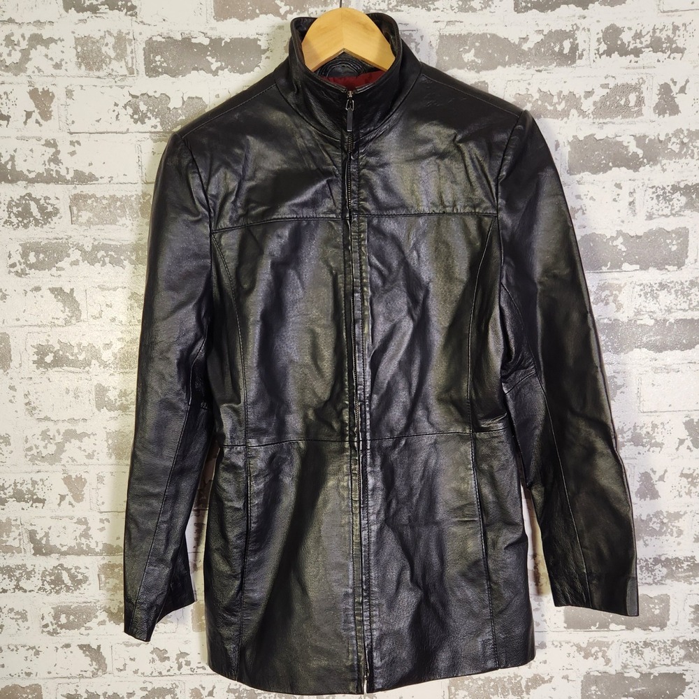 Worthington Genuine Leather Coat Women Black Medium Full Zip‎ Mid Length Moto